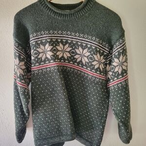 Green Knit Wool Sweater GH Bass & Co Vintage Snowflake Pattern Christmas Sz S